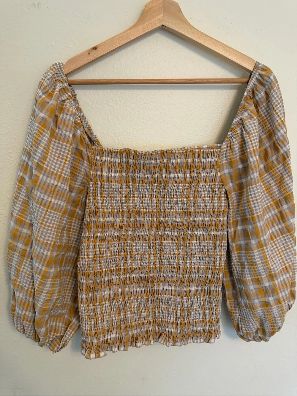 Anthropologie Mustard and Cream Plaid Puff-Sleeve Square-Neck Top